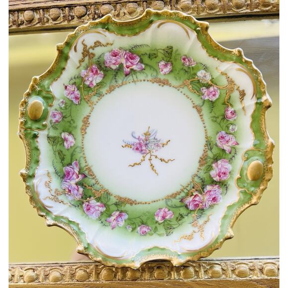 Lewis Straus LS&S Limoges Art Nouveau Roses w Gold 8” Plate France Green READ - Picture 2 of 10